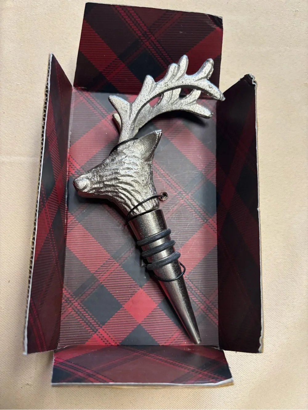 NEW Open Box Stag Elk Deer Bottle Wine Stopper Holiday Christmas Silver READ